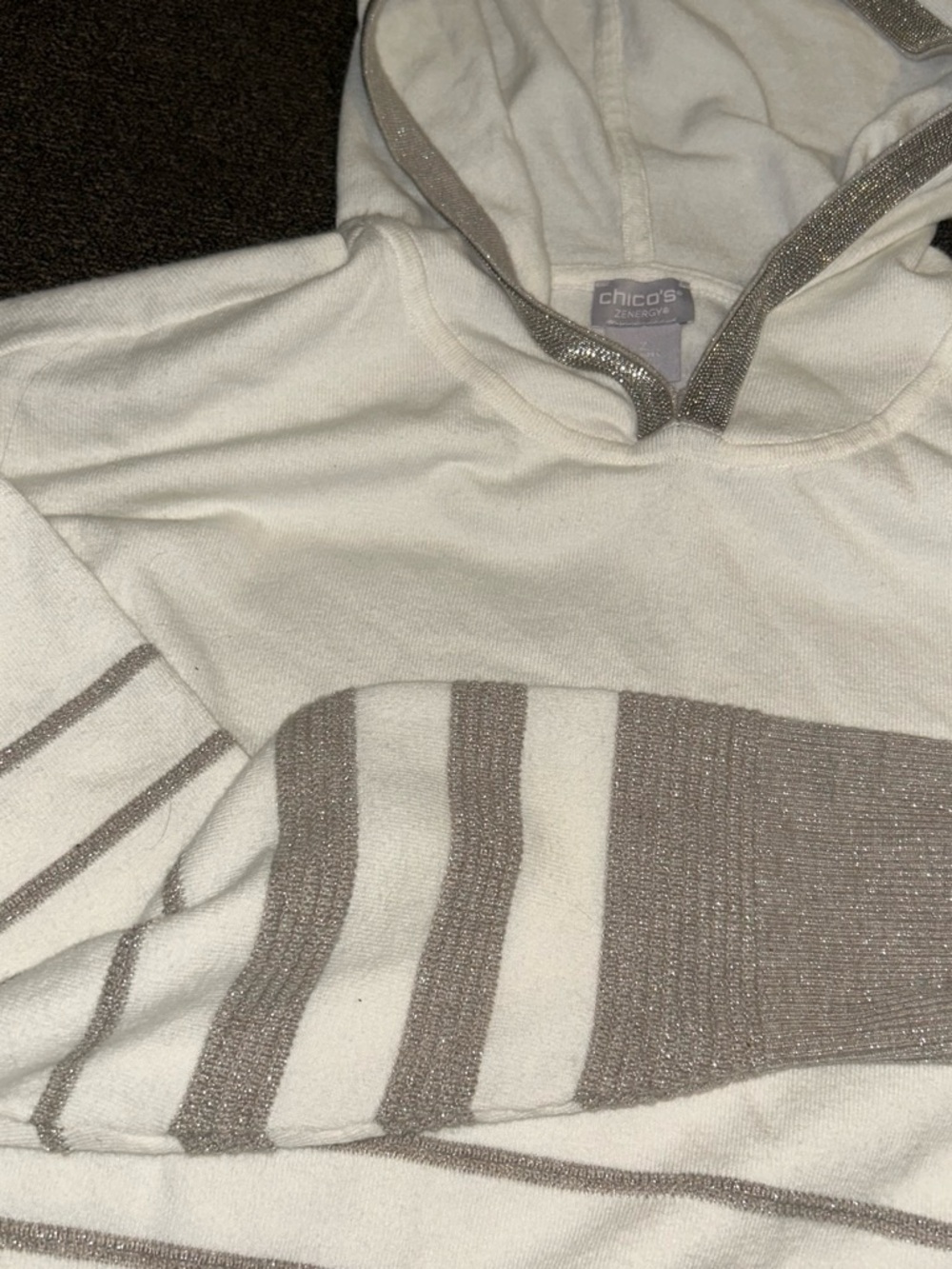 Chico's Cream Hoodie with Metallic Taupe Trim